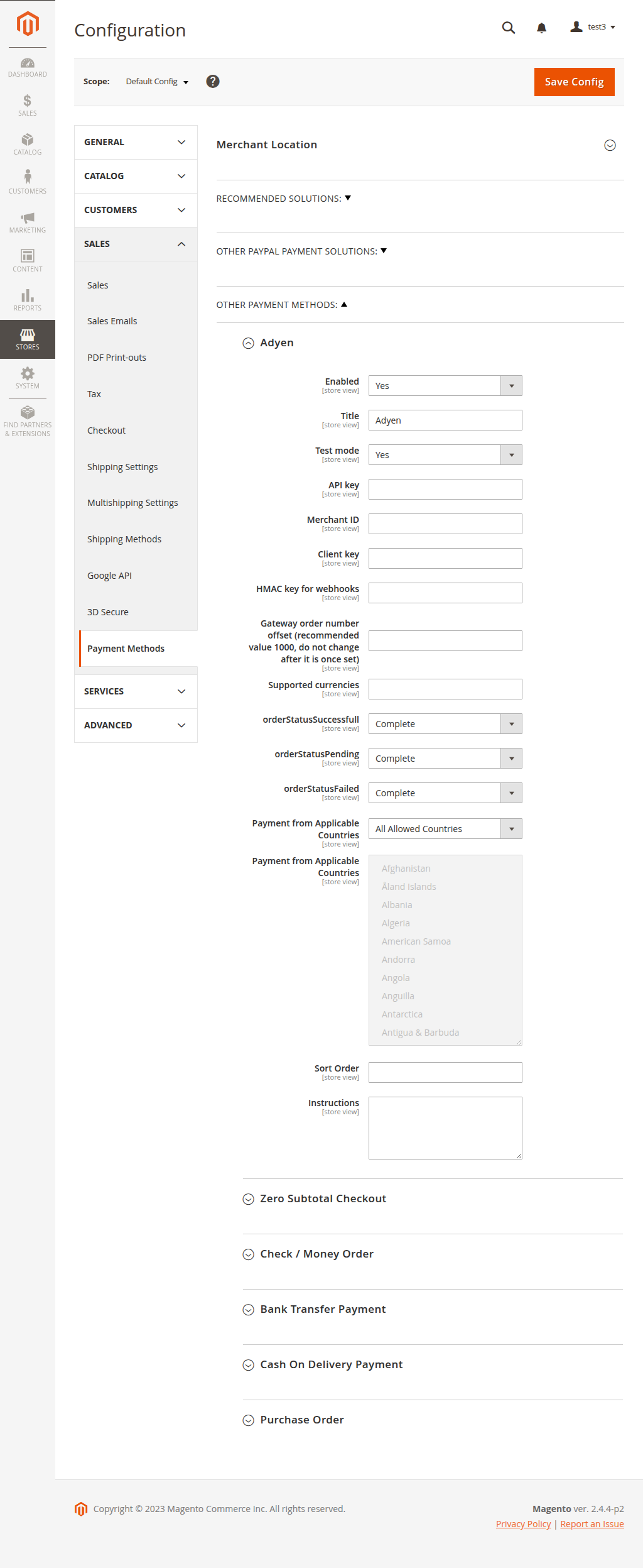 Payment extension settings in admin