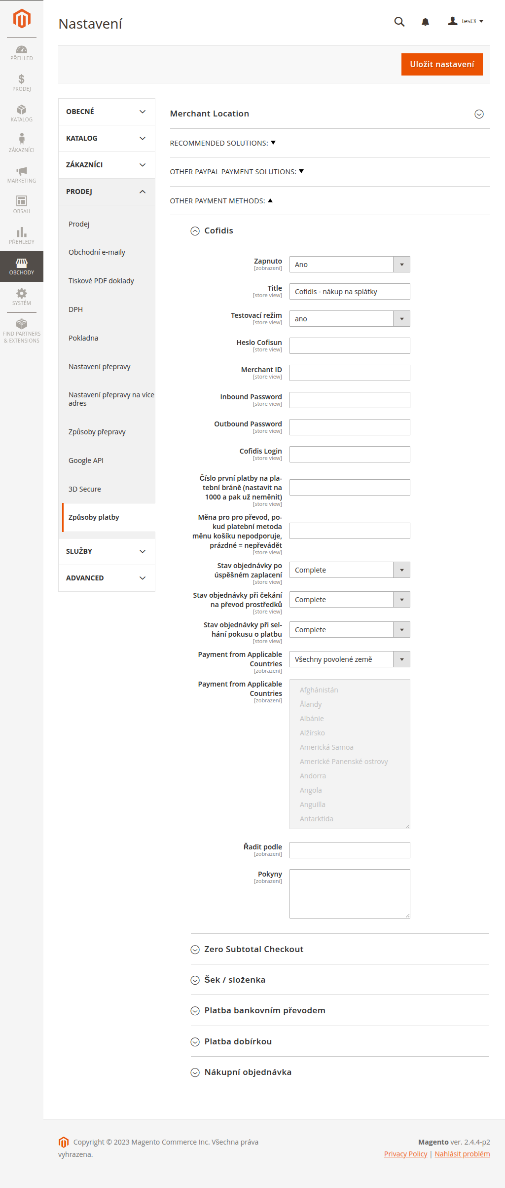 Nastavení platebního rozšíření v administraci