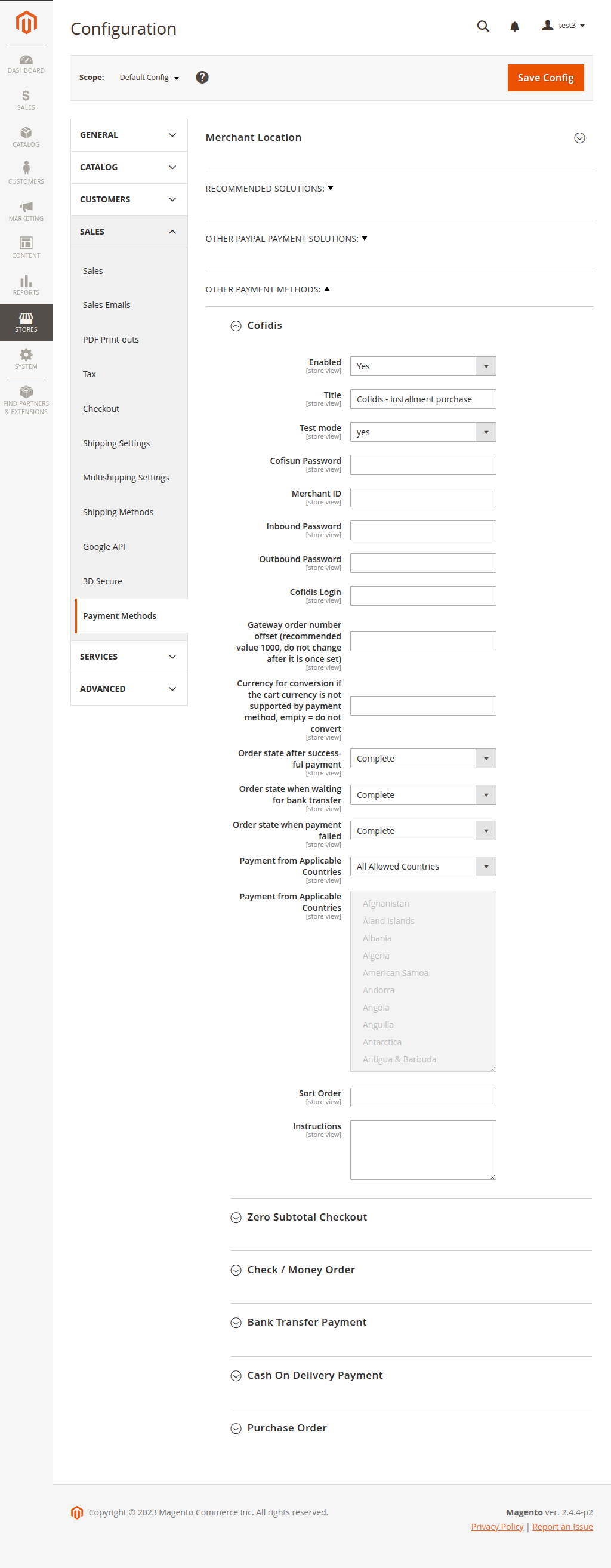 Payment extension settings in admin