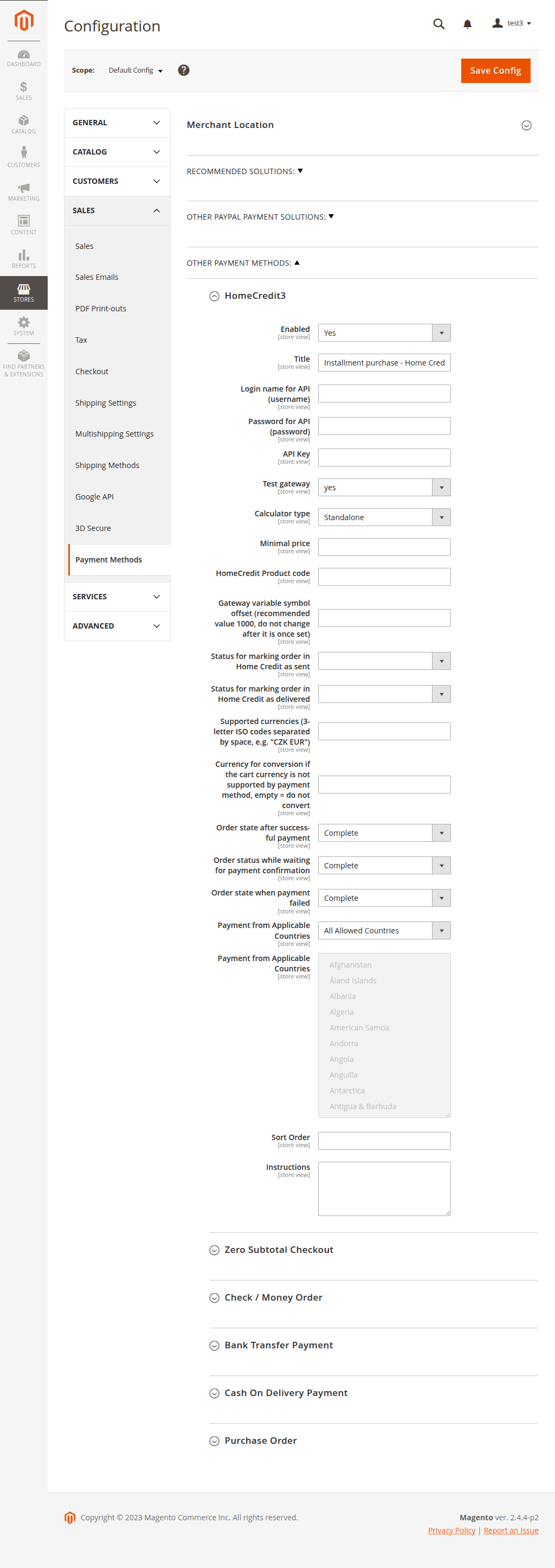 Payment extension settings in admin