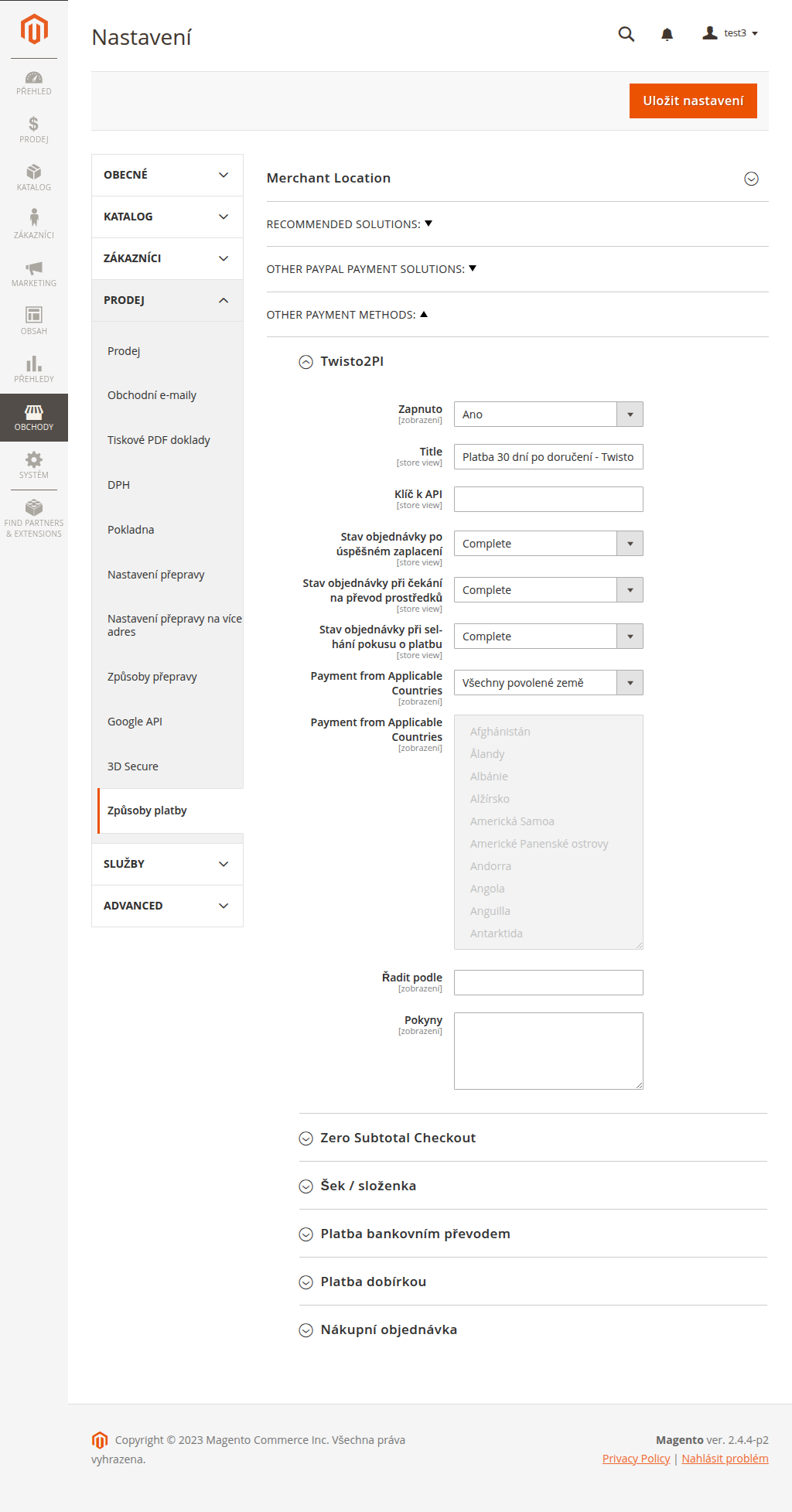 Nastavení platebního rozšíření v administraci