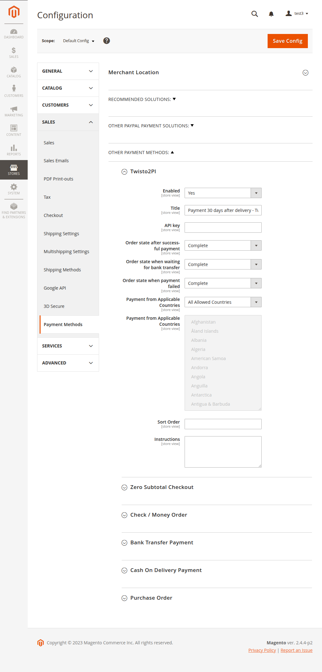 Payment extension settings in admin