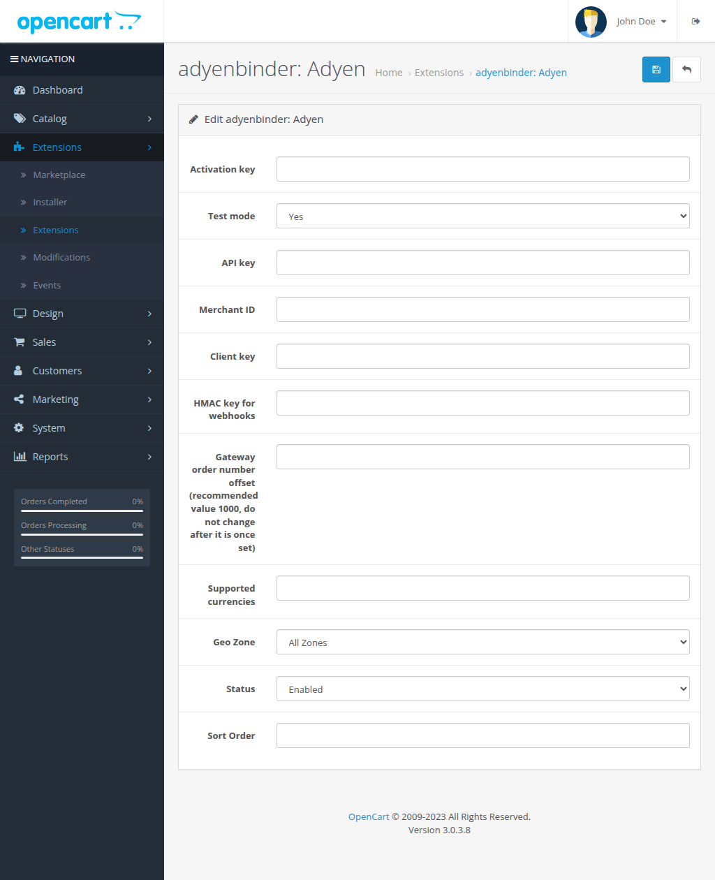 Payment extension settings in admin