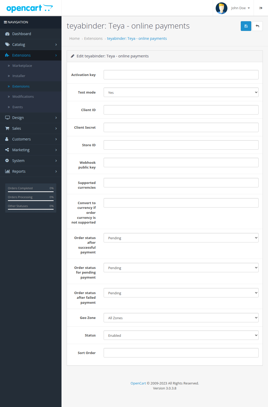 Payment extension settings in admin