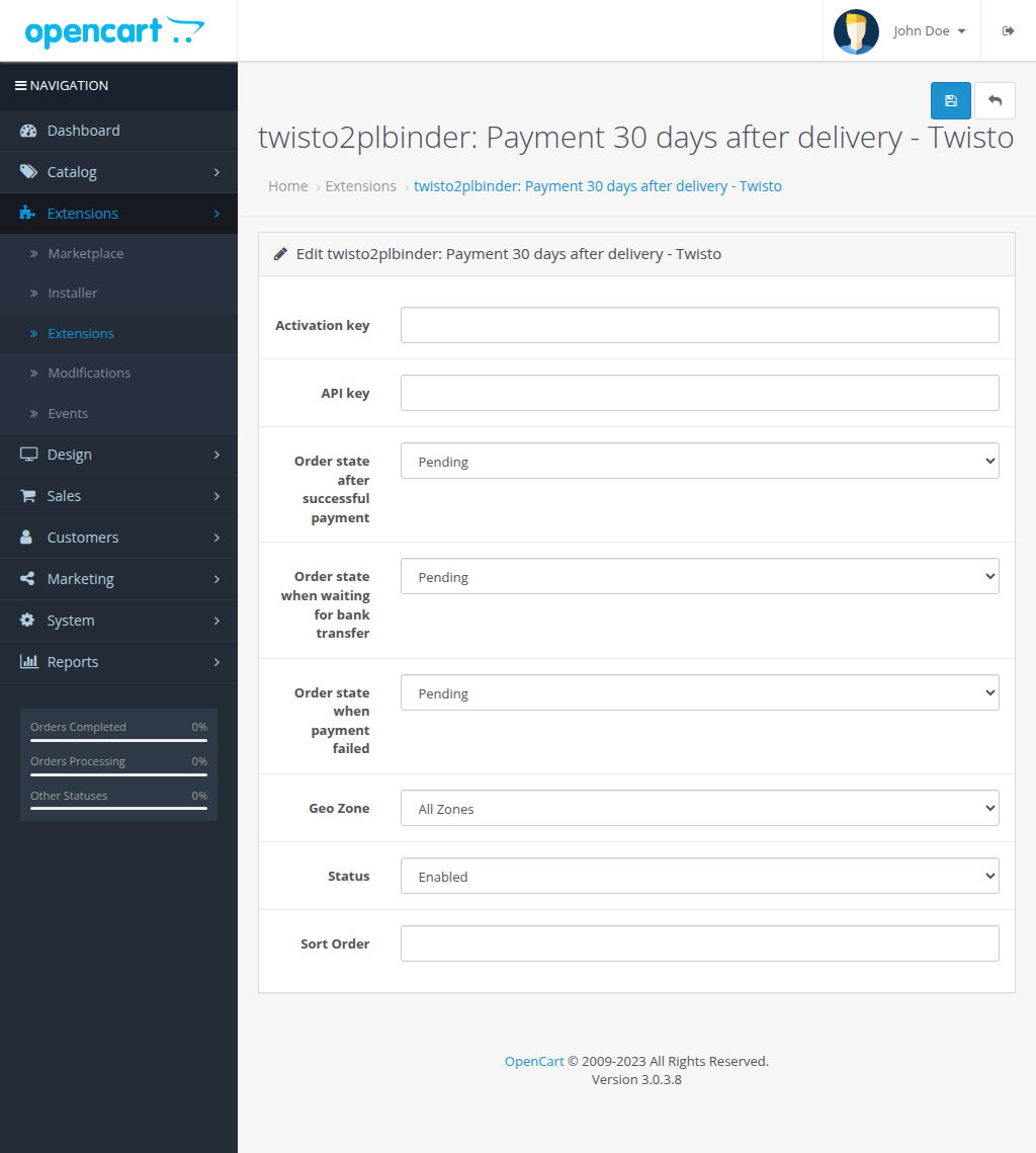 Payment extension settings in admin