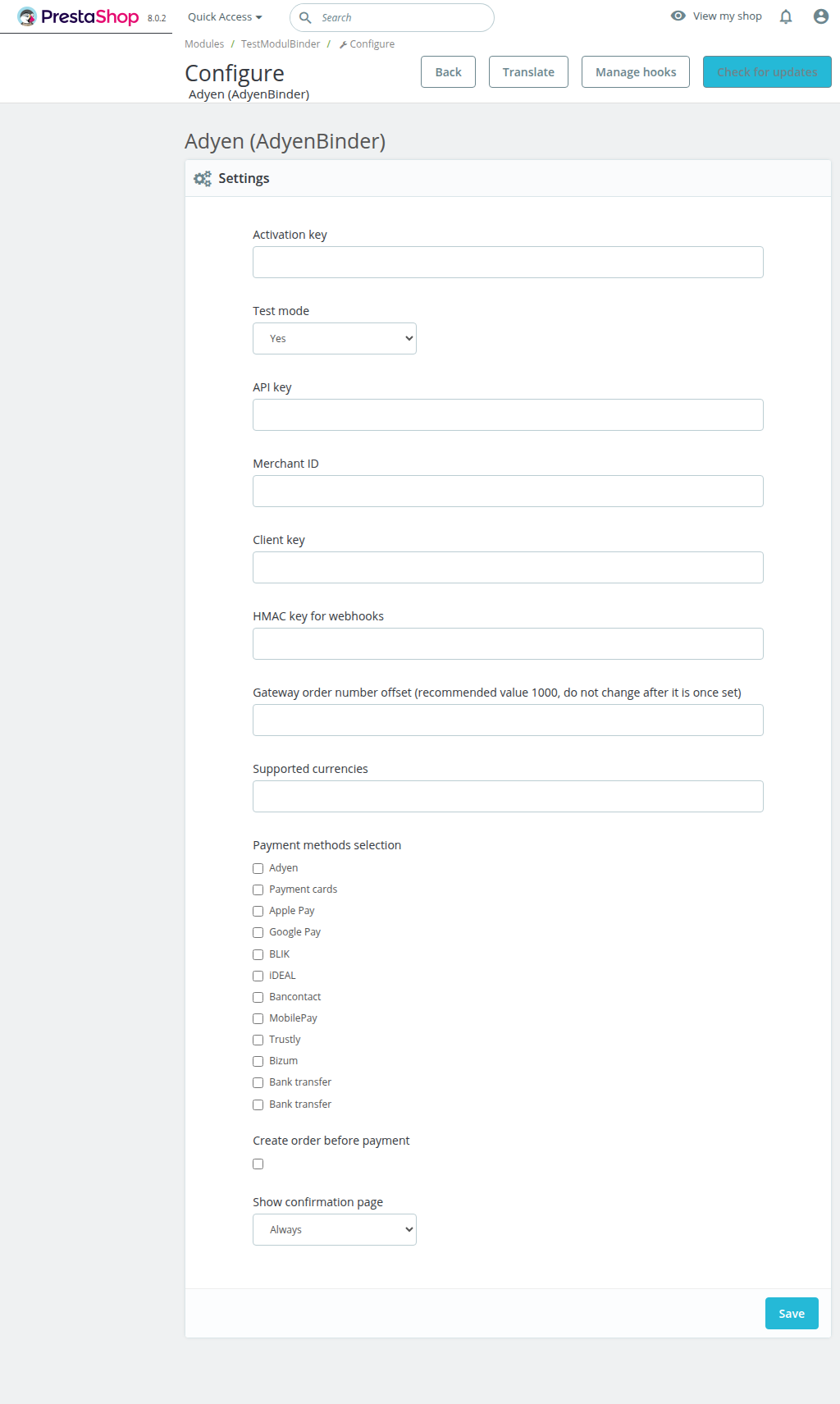 Payment module settings in admin