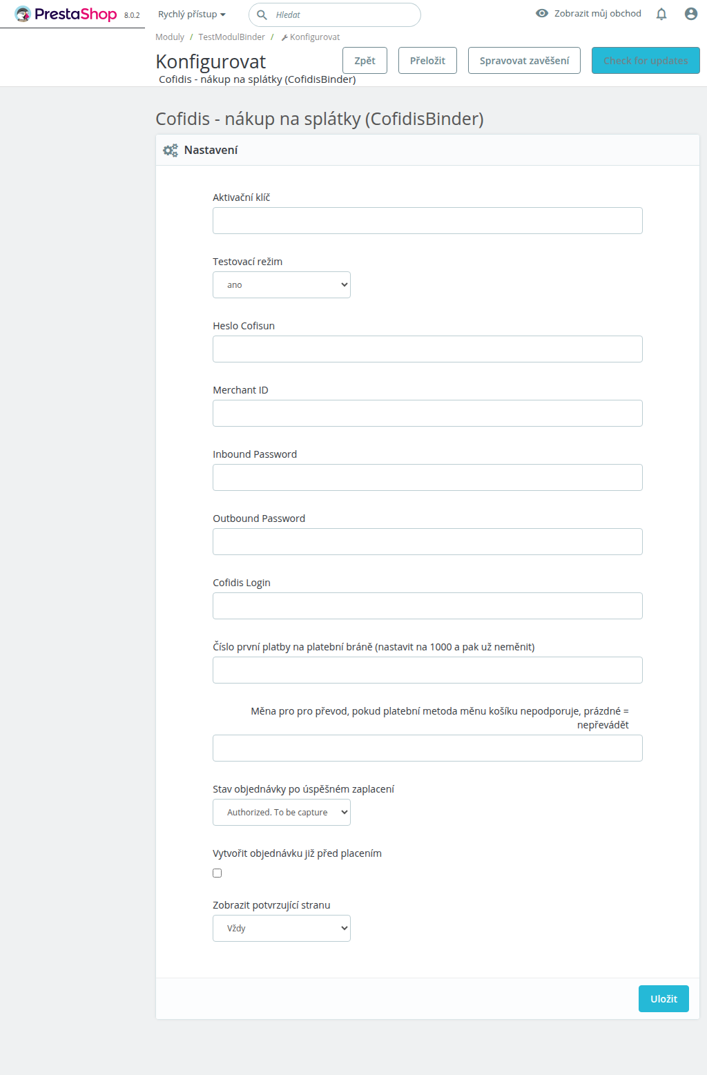 Nastavení platebního modulu v administraci