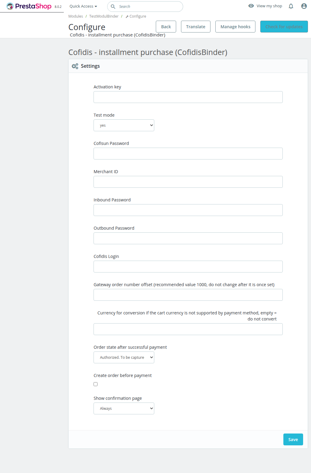 Payment module settings in admin