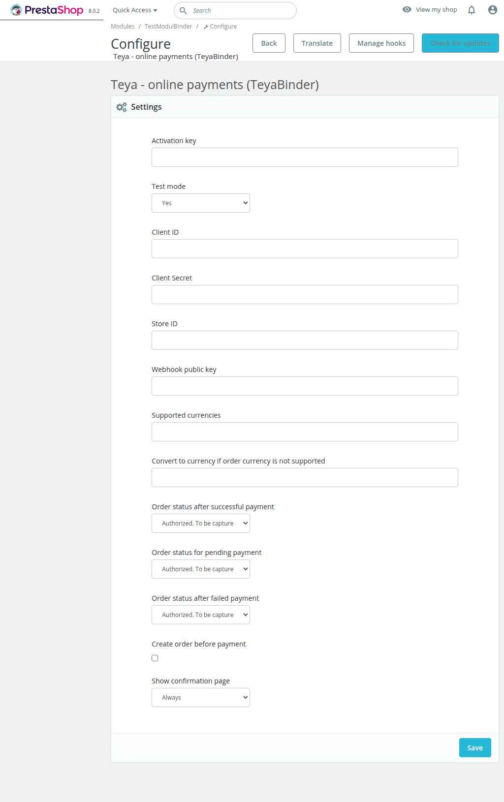 Payment module settings in admin