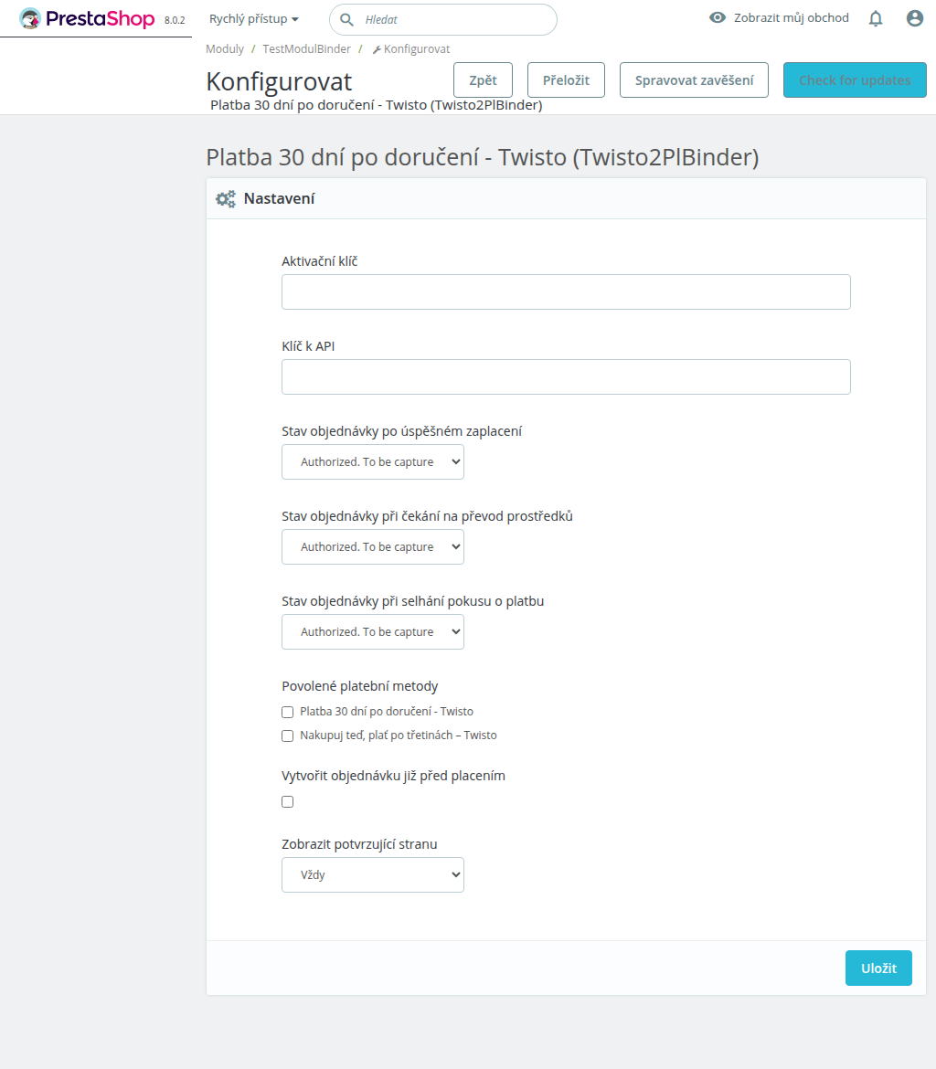 Nastavení platebního modulu v administraci