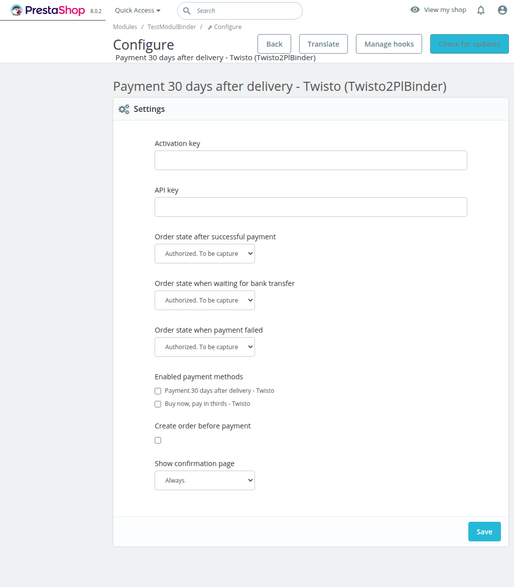 Payment module settings in admin