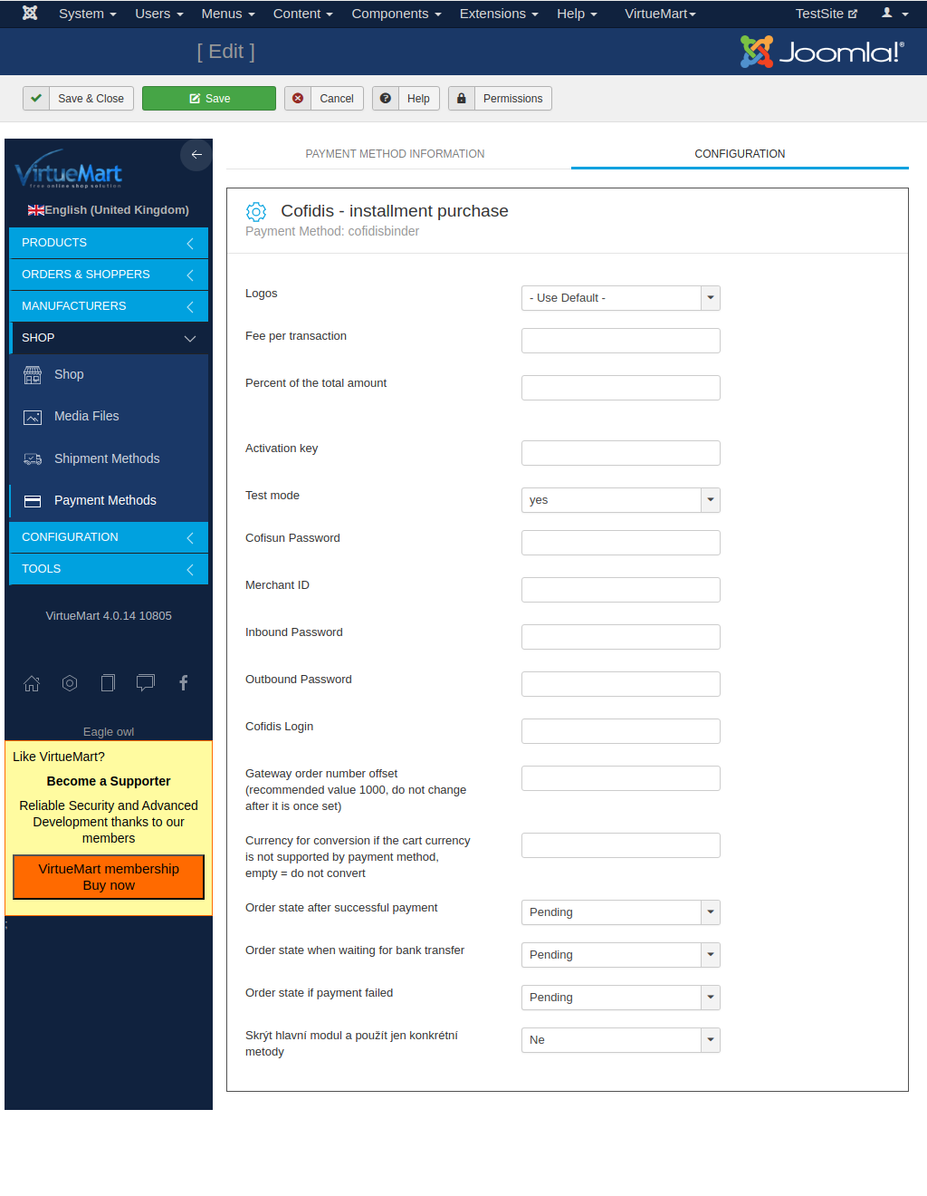 Payment plugine settings in admin