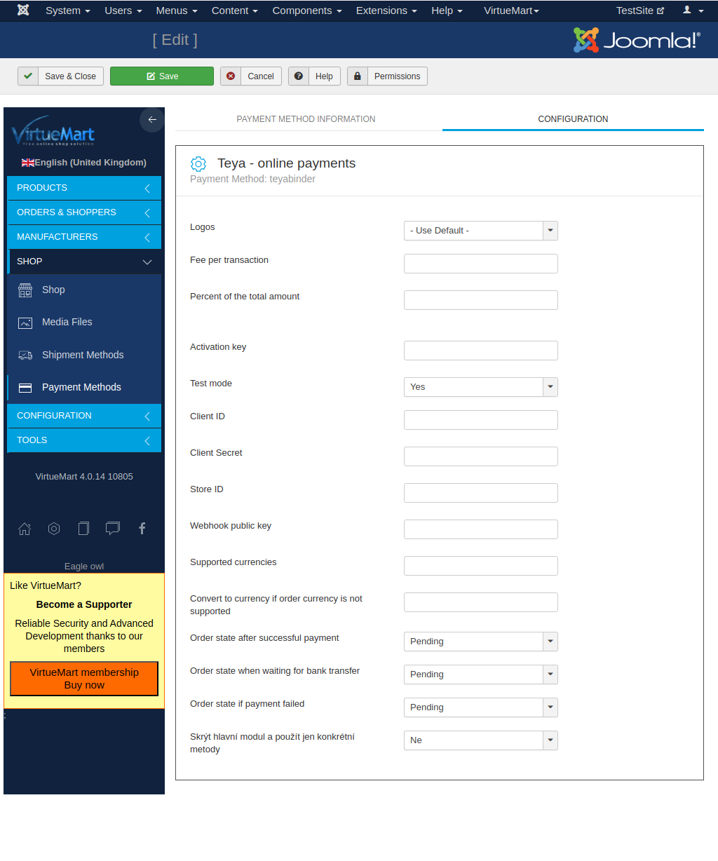 Payment plugin settings in admin