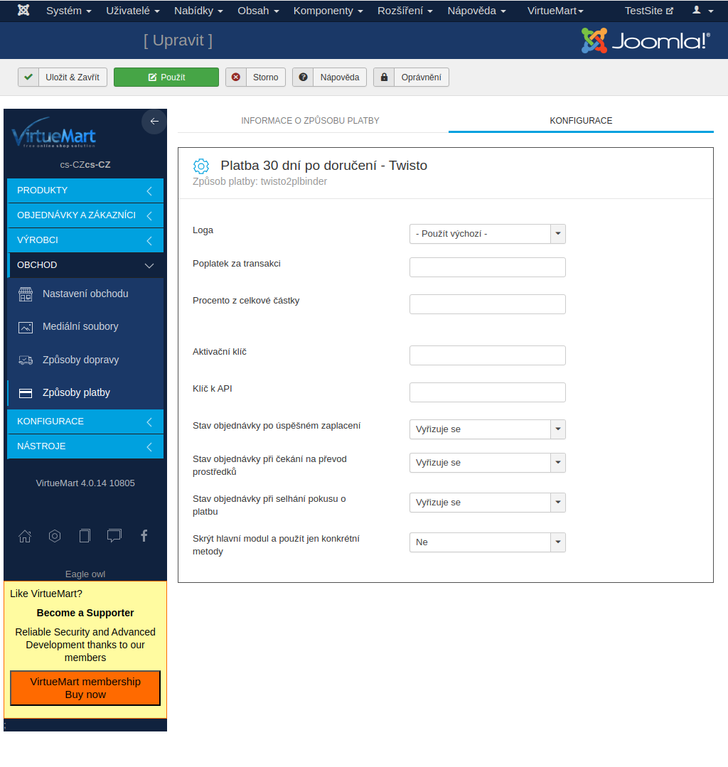Nastavení platebního pluginu v administraci