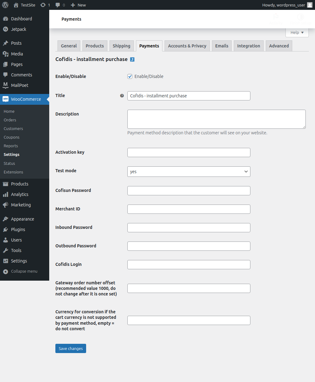 Payment plugine settings in admin