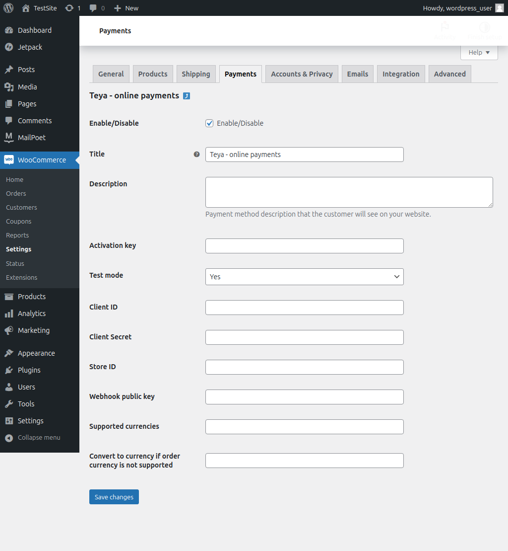 Payment plugin settings in admin