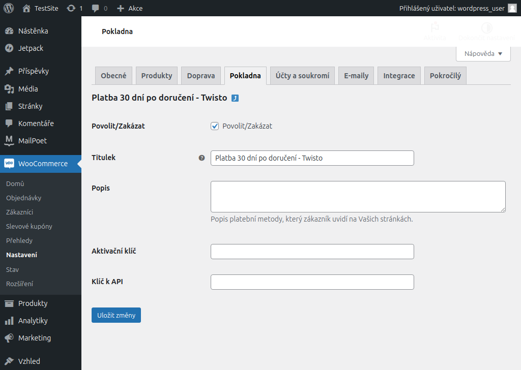 Nastavení platebního pluginu v administraci