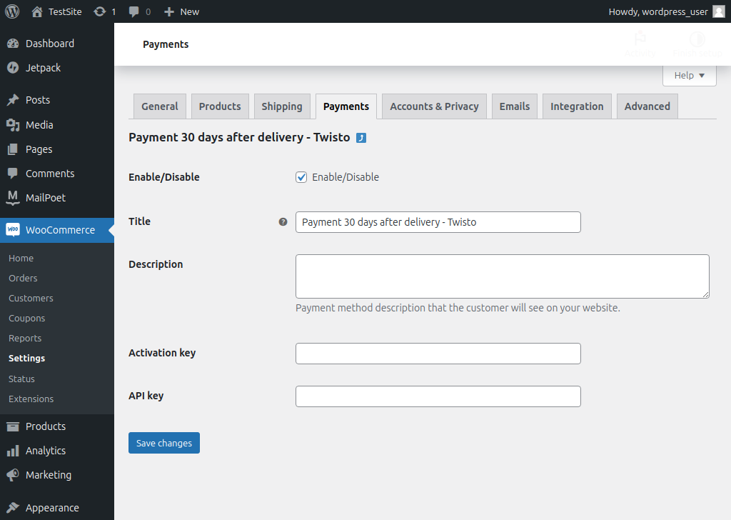 Payment plugine settings in admin